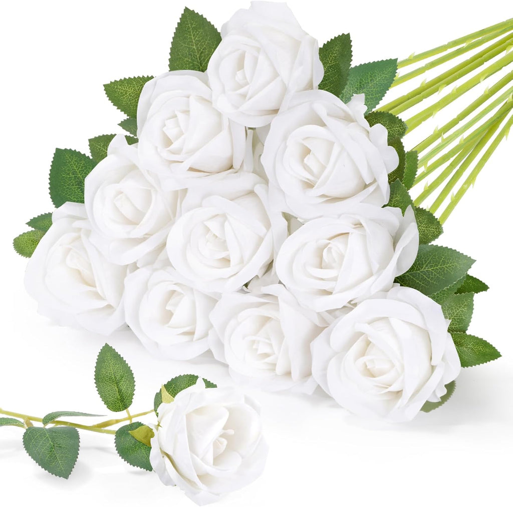 Lifewit Classic White Artificial Roses Flowers, Faux Long Stem Roses Bulky