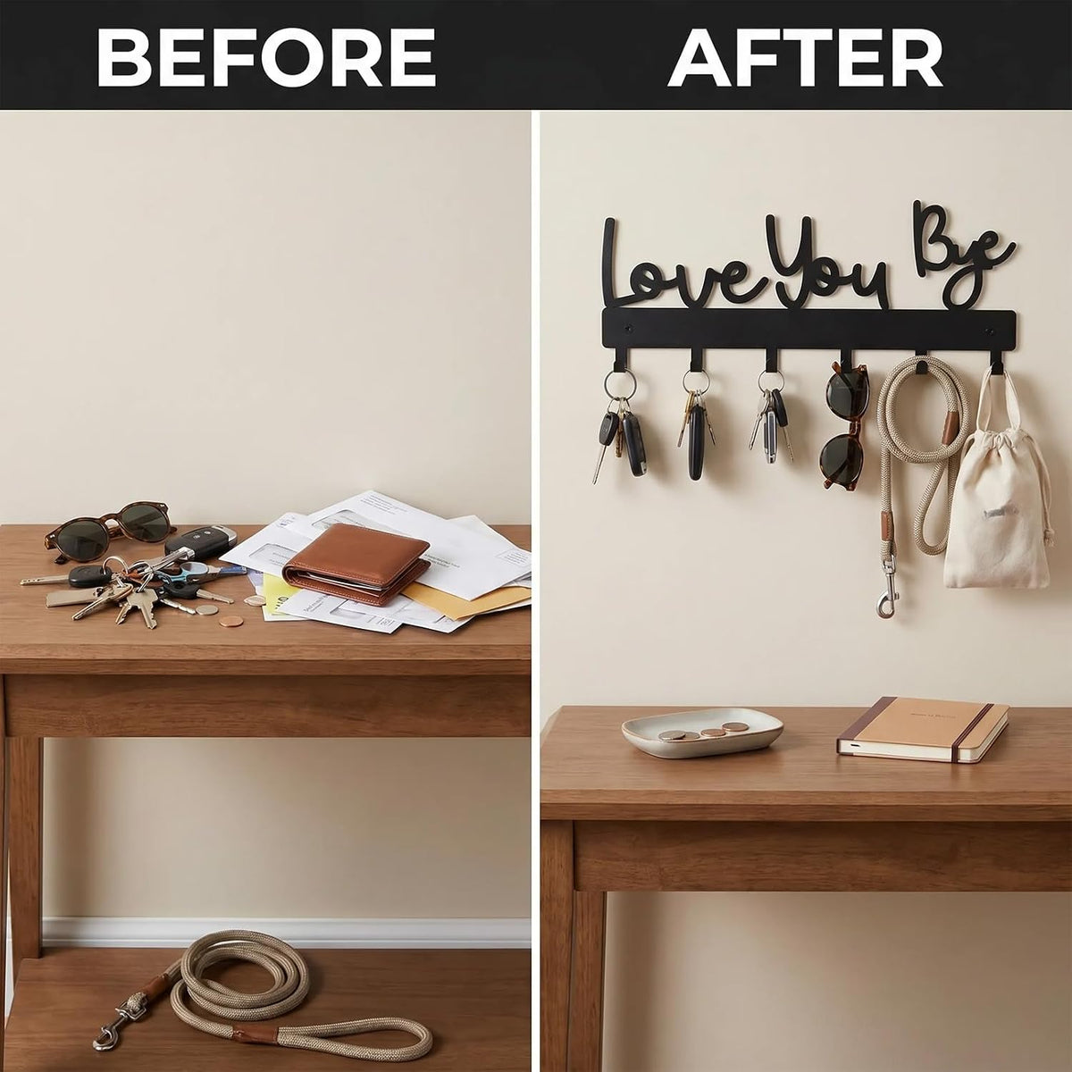 Heqxwl Cute Key Holder Wall Mount, Love You Bye Entryway Key Rack
