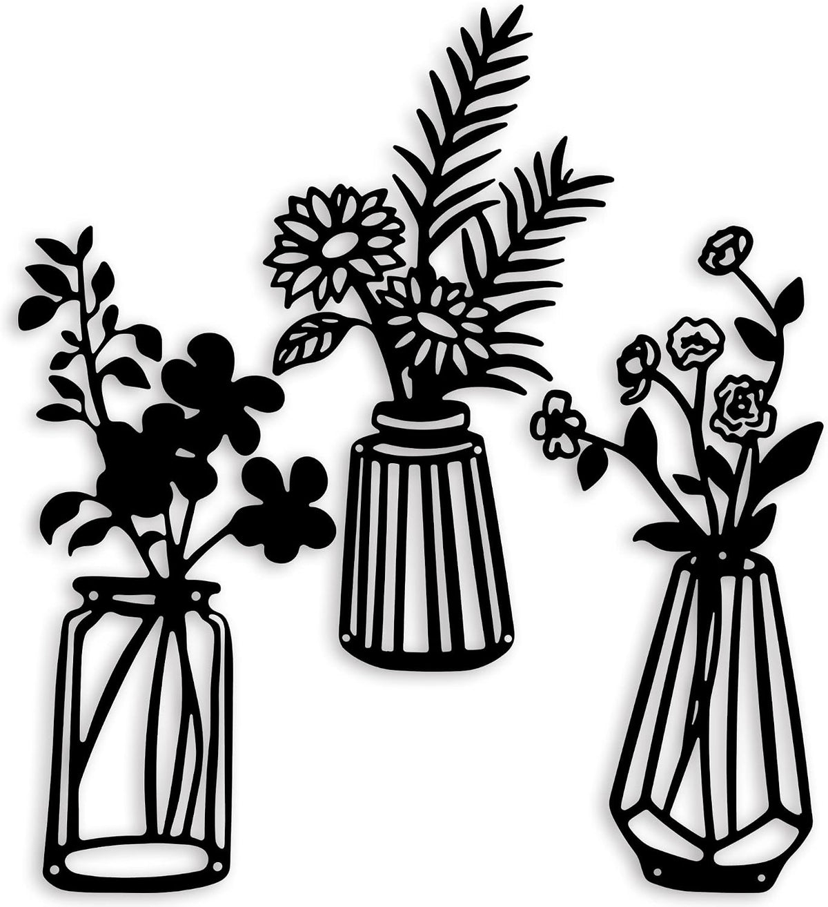 Qzmaikoo 3 Pieces Black Metal Flowers Wall Decor Vase Art Sculptures Hanging for Indoor Kitchen Bathroom Dining Room Patio, 14.56x7.48 Inches