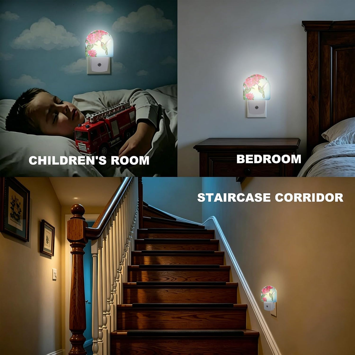 Night Lights Plug into Wall, Hummingbird with Flowers Night Light with Dusk to Dawn Smart Sensor for Bedroom Bathroom Hallway Kitchen, Led Nightlights for Boys Girls Women Men