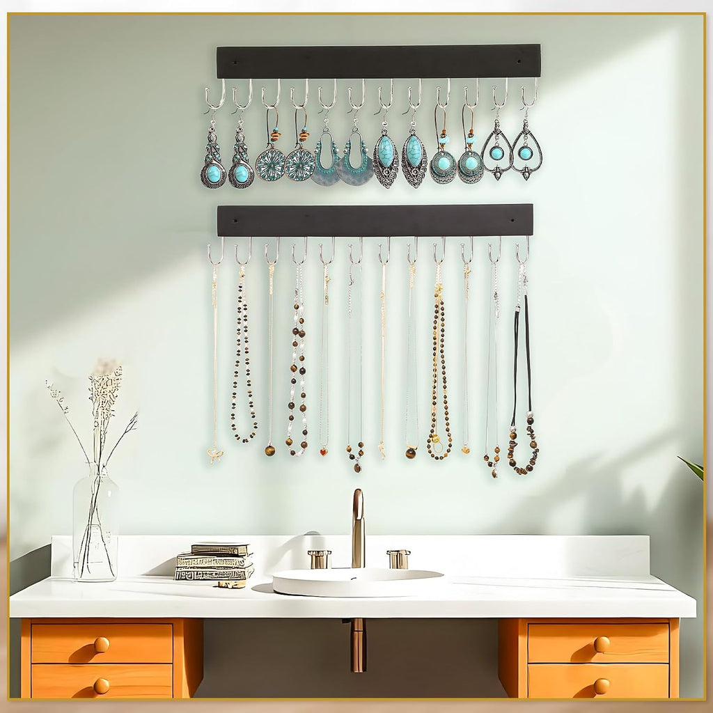 Dntorx Hanging Jewelry Organizer, 2 Pack Wall Mount Wooden Holder