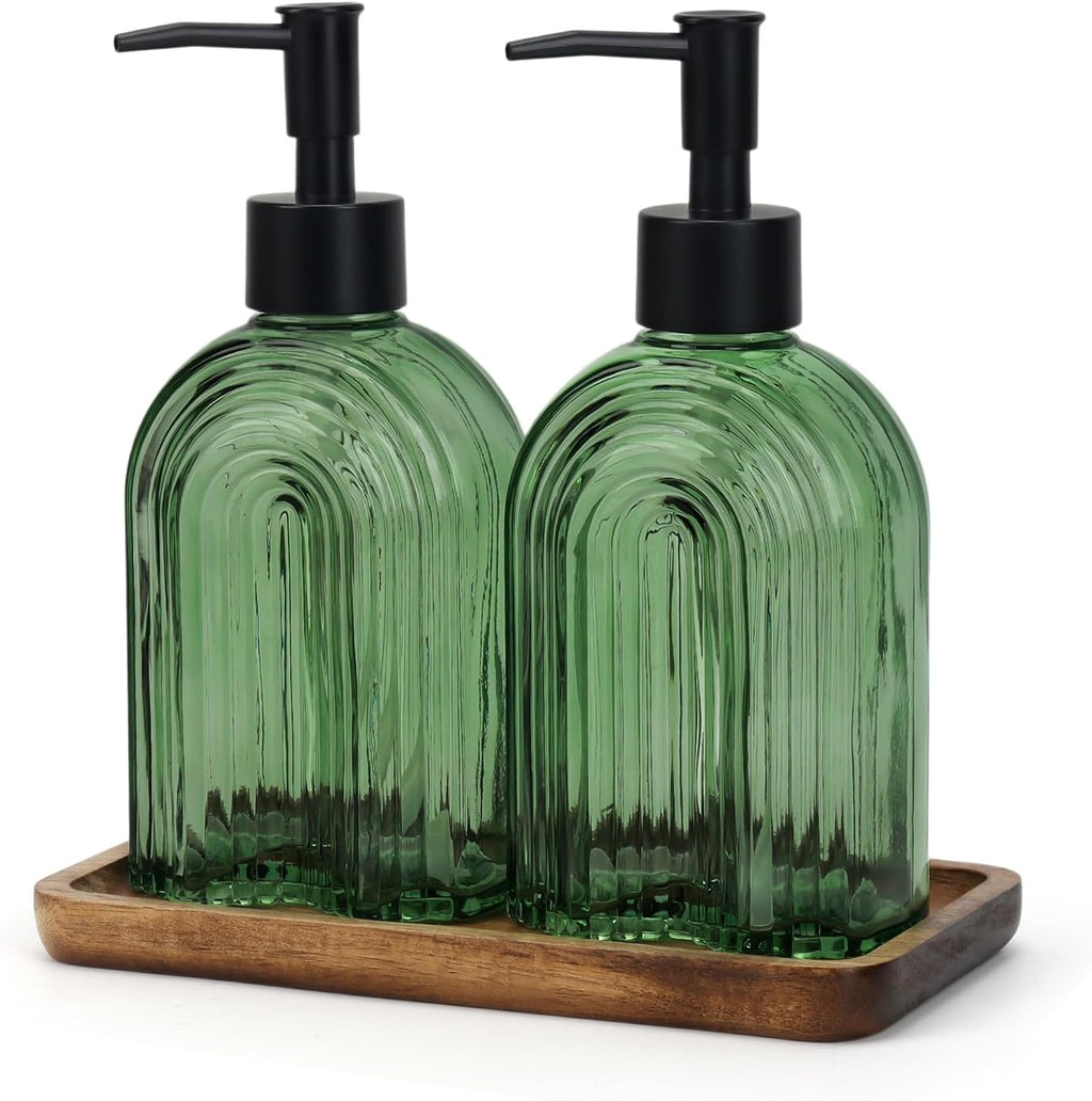 Glass Soap Dispenser Set with Wooden Tray, 11.6Oz Refillable Liquid Modern Soap Dispenser with Plastic Pump for Hand and Dish Set for Bathroom Countertop Decor (Green)