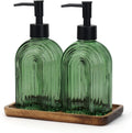 Glass Soap Dispenser Set with Wooden Tray, 11.6Oz Refillable Liquid Modern Soap Dispenser with Plastic Pump for Hand and Dish Set for Bathroom Countertop Decor (Green)