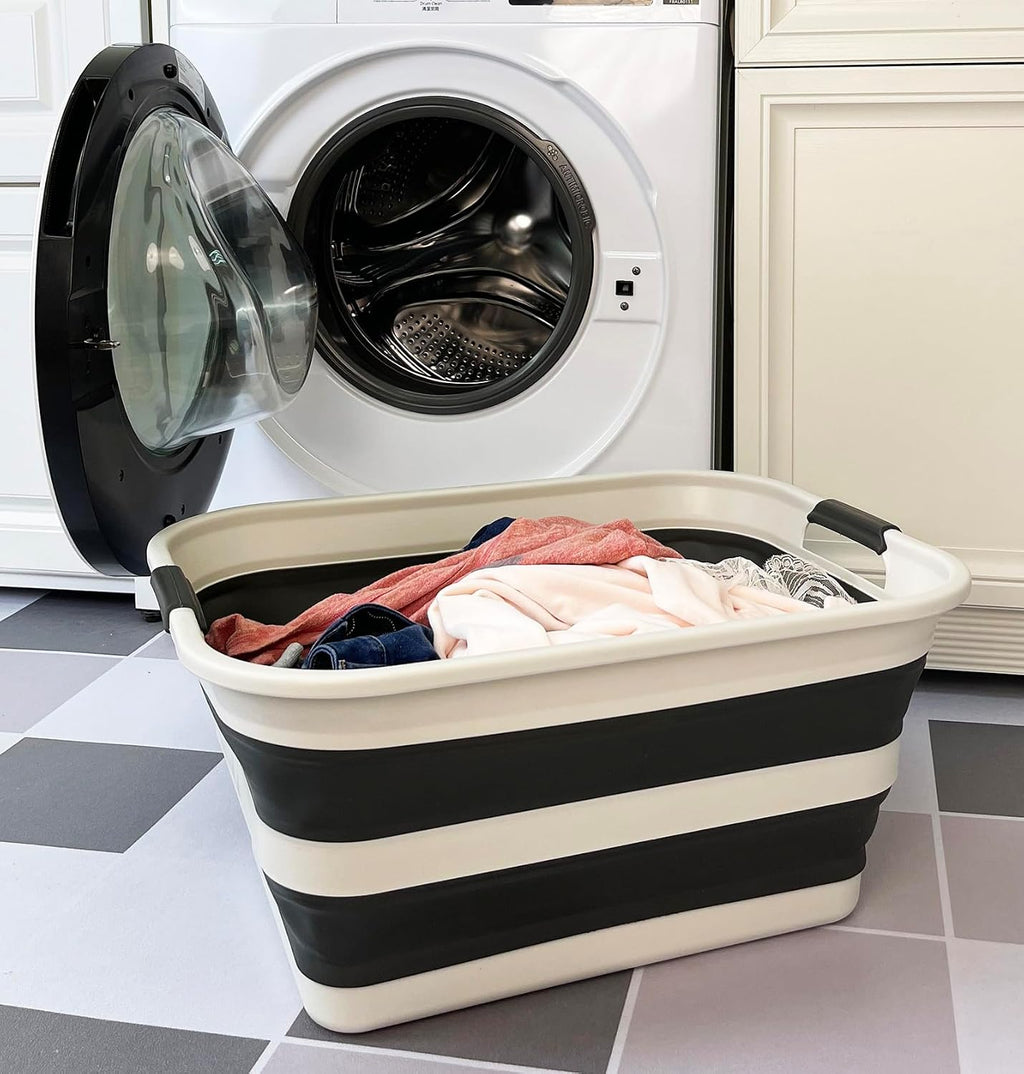 SAMMART 42L (11.09 Gallons) Collapsible Plastic Laundry Basket - Foldable Pop Up Storage Container/Organizer - Portable Washing Tub - Space Saving Hamper/Basket (1, Grey/Washed Black)