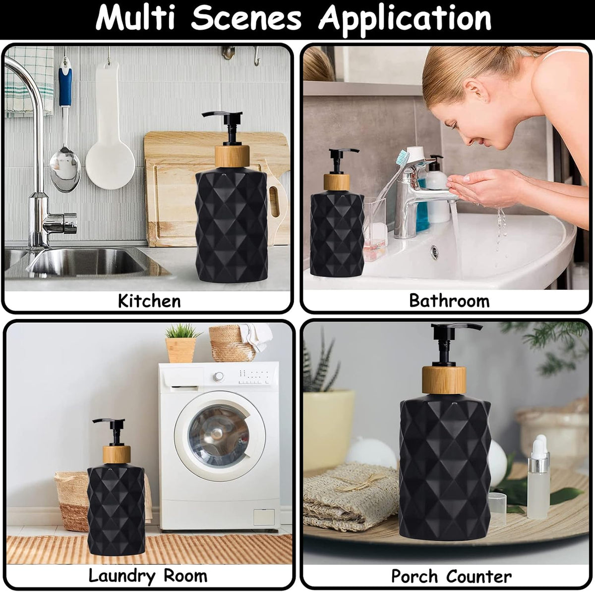 YYTSGG Black Glass Soap Dispenser Set with Bamboo Pump, 12oz, 2 Pack