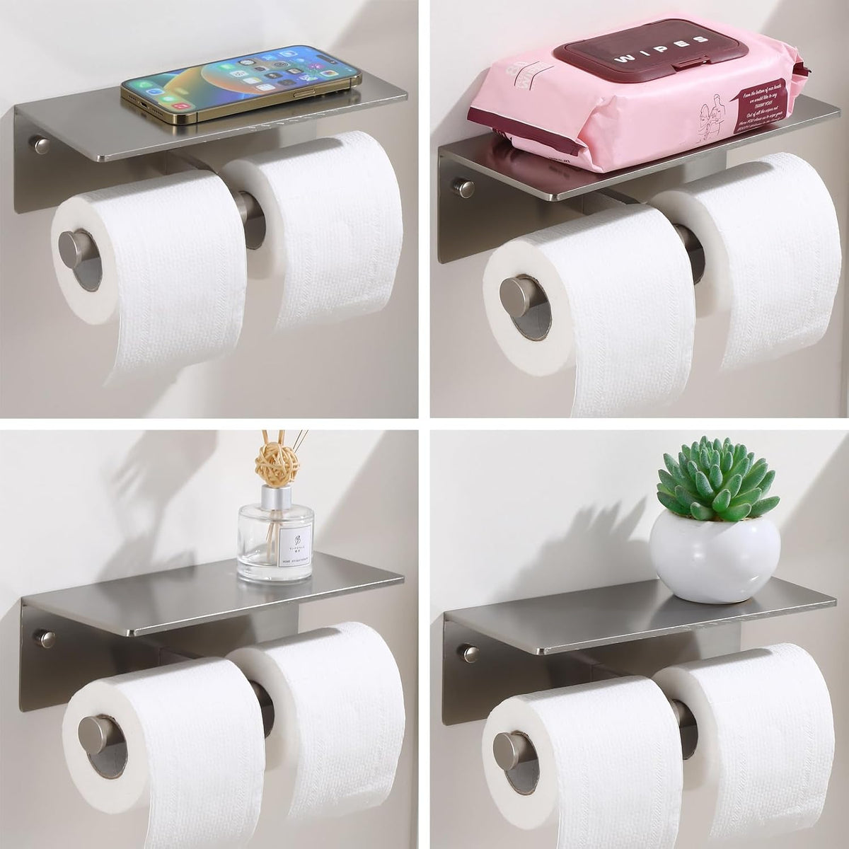 Toilet Paper Holder - Double Rolls Toilet Tissue Holder with Phone Shelf for Bathroom - TP Roll Holder with Wipes Storage, Wall Mounted by Adhesive Tape No Drilling or Screw - Brushed Nickel