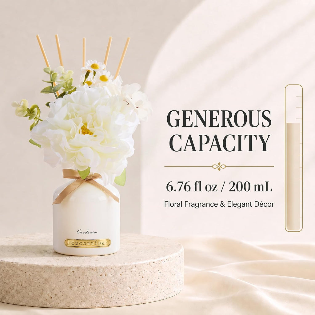 Gardenia Reed Diffuser Set with Flowers, 6.76 fl oz
