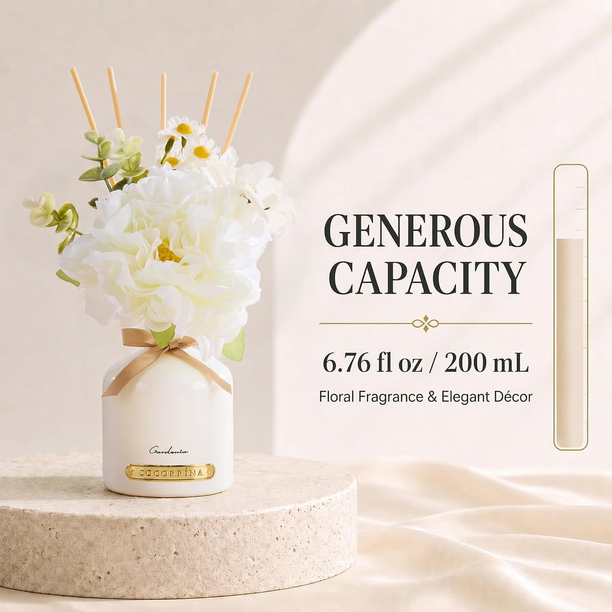 Gardenia Reed Diffuser Set with Flowers, 6.76 fl oz