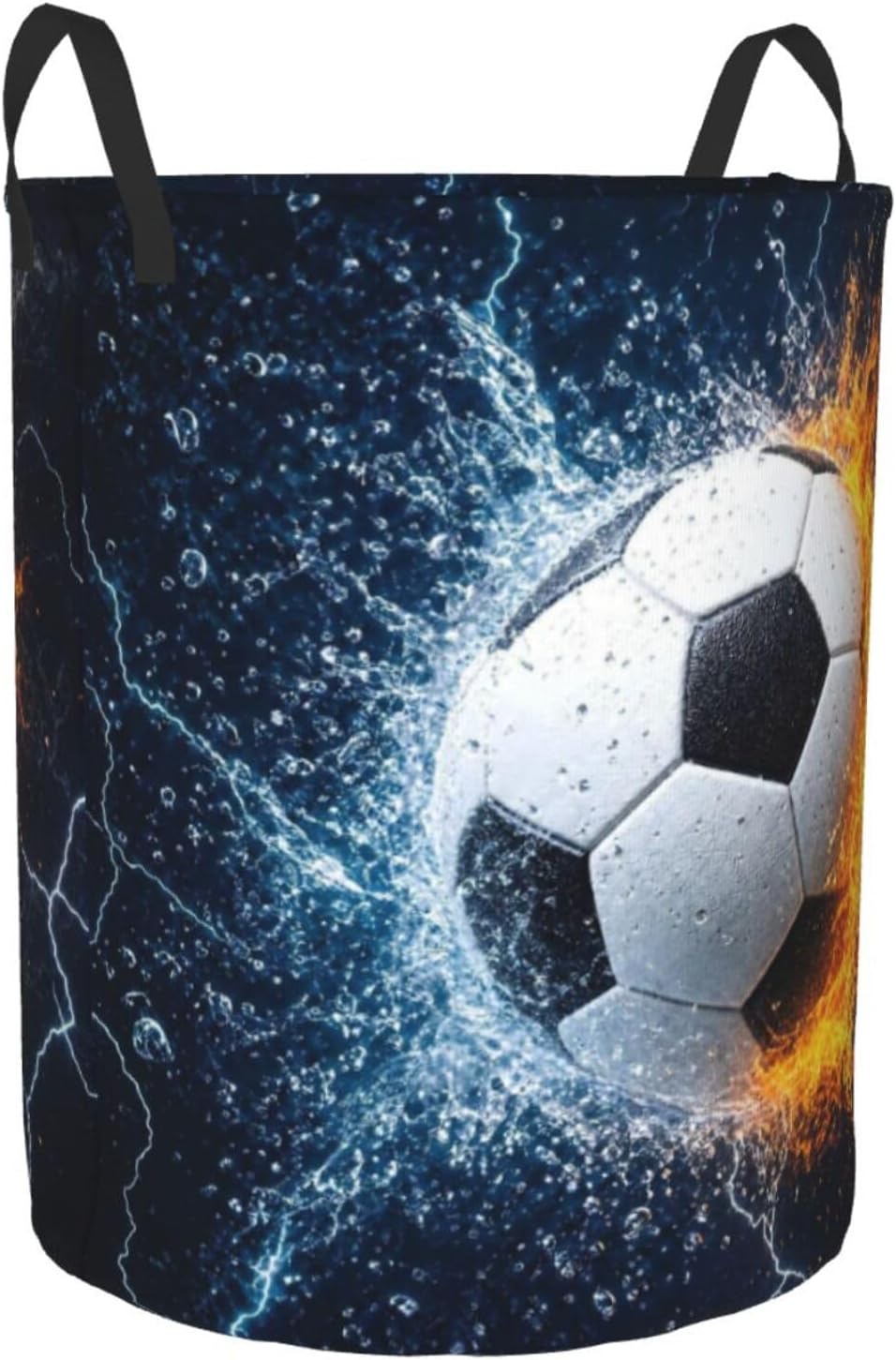Soccer Ball In Fire And Water Round Laundry Hamper Sport Football Storage Basket Toys Clothes Organizer Bin For Home Bathroom Bedroom Dorm Nursery, 38l
