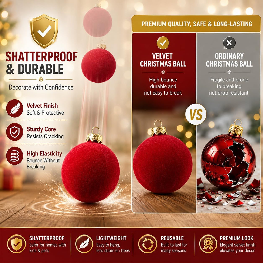 12 Pcs Velvet Ornaments for Christmas Tree Decorations, 3.15 Inch Red Velvet Christmas Balls with 4 Different Shapes, Shatterproof Velvet Ornaments Set for for Xmas Tree, Wreath, Holiday Home Decor