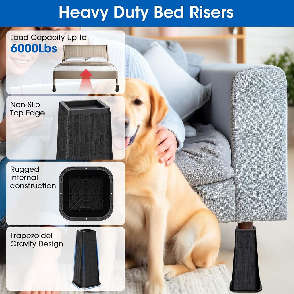 MYMULIKE Bed Risers 14 Inch Heavy Duty, Stackable Furniture Risers Lifts 10inch 4inch, 14inch for Table, Desk Leg, Sofa, Couch, Supports Up to 6,000 Lbs, Black, 4 Pack