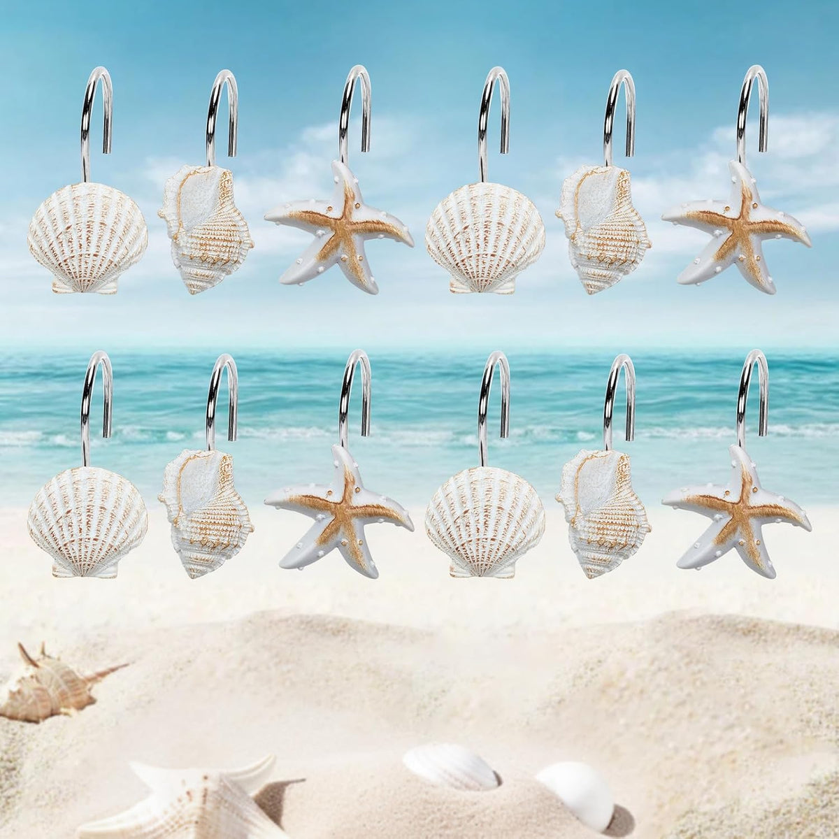 12-Pack Coastal Shower Curtain Hooks – Decorative Seashell Starfish Conch Shower Curtain Rings Rust-Proof Stainless Steel, Beach Theme Bath Shower Hooks Decor for Beach & Ocean Themes