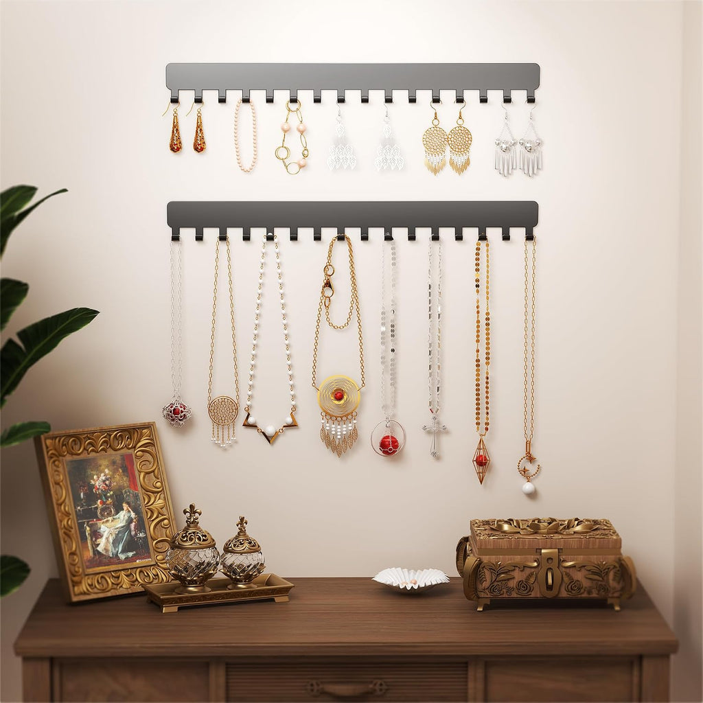 bussdis Extended Self-Adhesive Necklace Holder, Wall Mounted Jewelry Organizer for Necklaces, Earrings, Rings & Bracelets, No Drilling, Space-Saving, 2 Pack, Black
