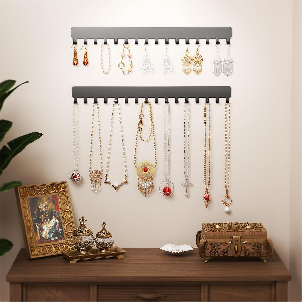 bussdis Extended Self-Adhesive Necklace Holder, Wall Mounted Jewelry Organizer for Necklaces, Earrings, Rings & Bracelets, No Drilling, Space-Saving, 2 Pack, Black