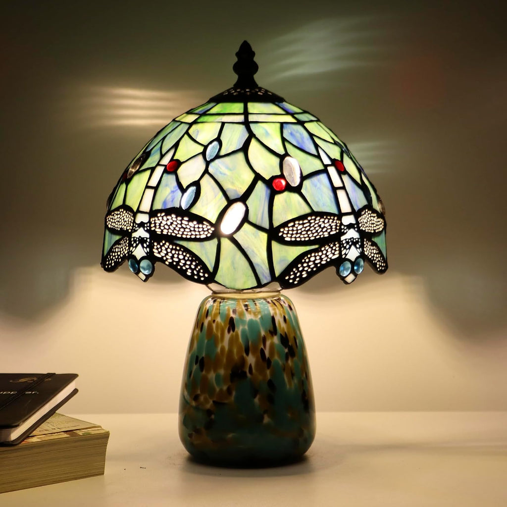 Tiffany Mushroom Table Lamp Dragonfly Style Sea Blue Stained Glass Accent Lamp Brown Blue Glass Base 8X8X12 Inch