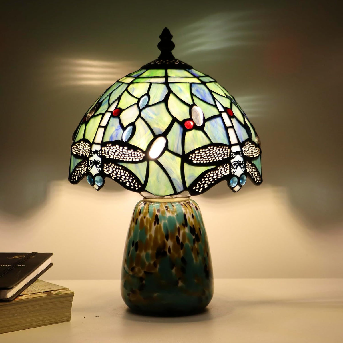 Tiffany Mushroom Table Lamp Dragonfly Style Sea Blue Stained Glass Accent Lamp Brown Blue Glass Base 8X8X12 Inch