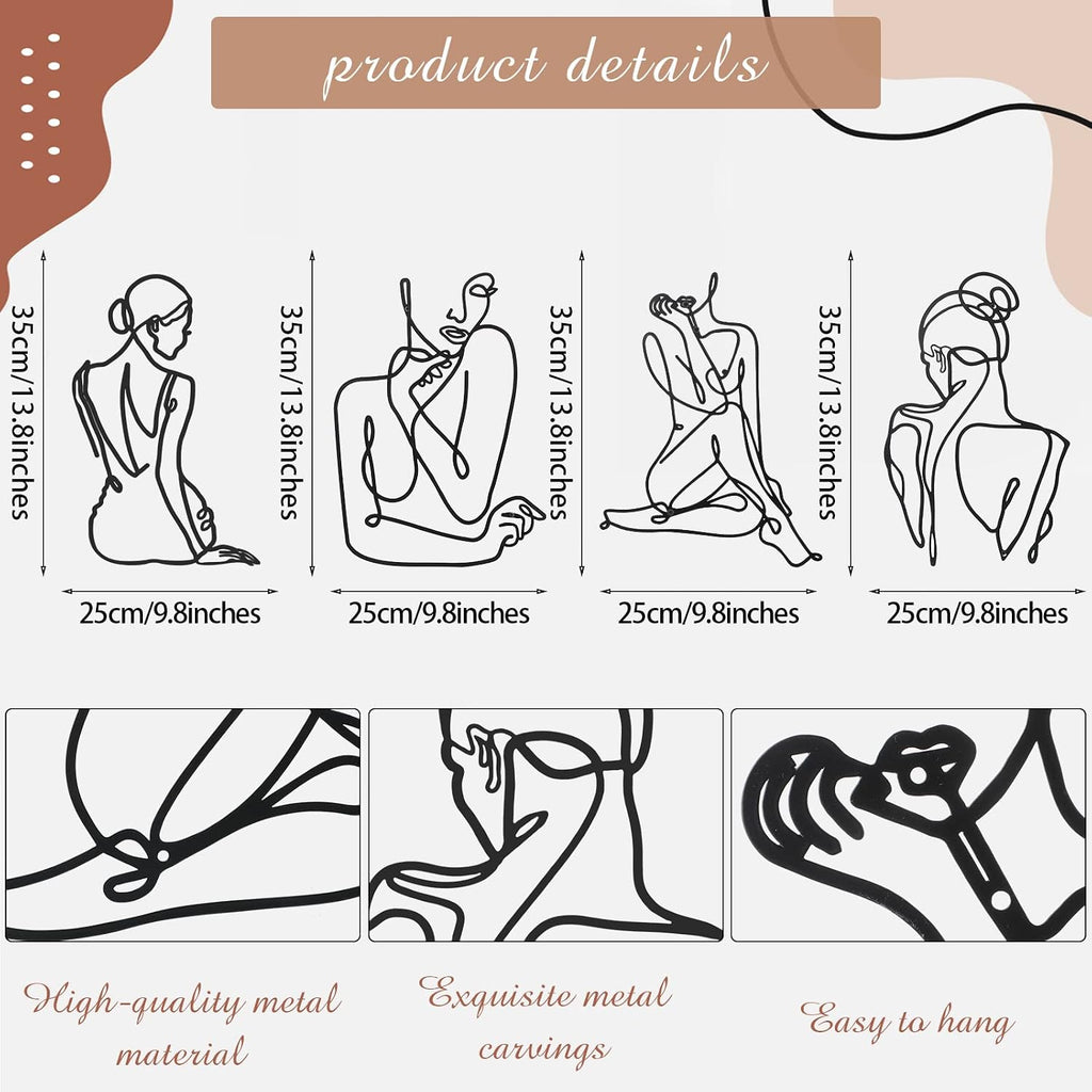 Photect 4 Pieces Metal Wall Art Decor Black Single Line Art Drawing Minimalist Abstract Female Woman Wall Sculptures Hanging Decor Accents for Bathroom Living Room(Classic)