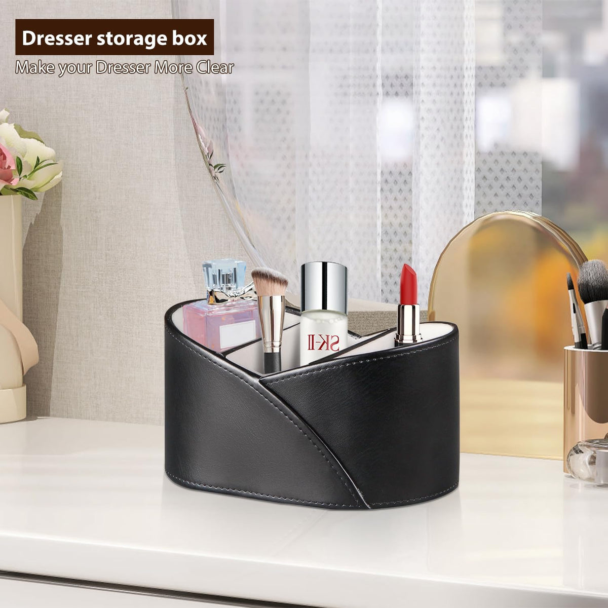 PU Leather TV Remote Control Holder with 3 Compartments, Bedside Table Remotes Caddy, Office Desk Accessories and Workspace Organizers, Storage Box to Store Pen, Controllers, Media Player, Cosmetics