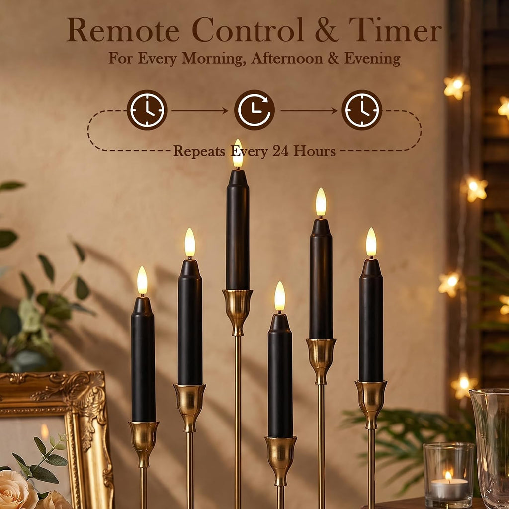 6Inch Flameless Taper Candles with 2 Remote & Timer, Black