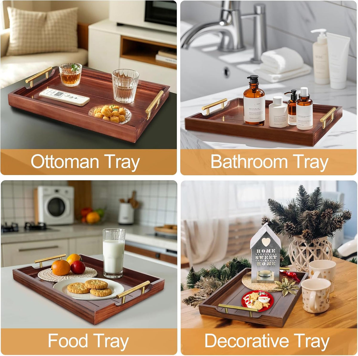 SXNOWS Large Wooden Serving Tray with 2 Sets of Handles,Dark Brown