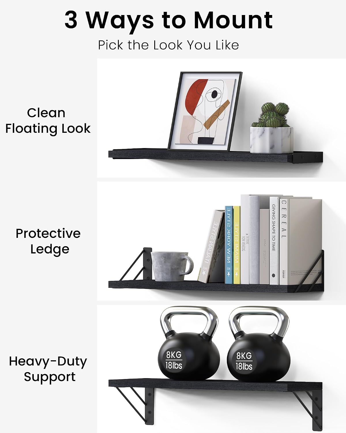 BAYKA Wall Mounted Black Floating Shelves for Wall (Set of 4, 16.5" Mixed)