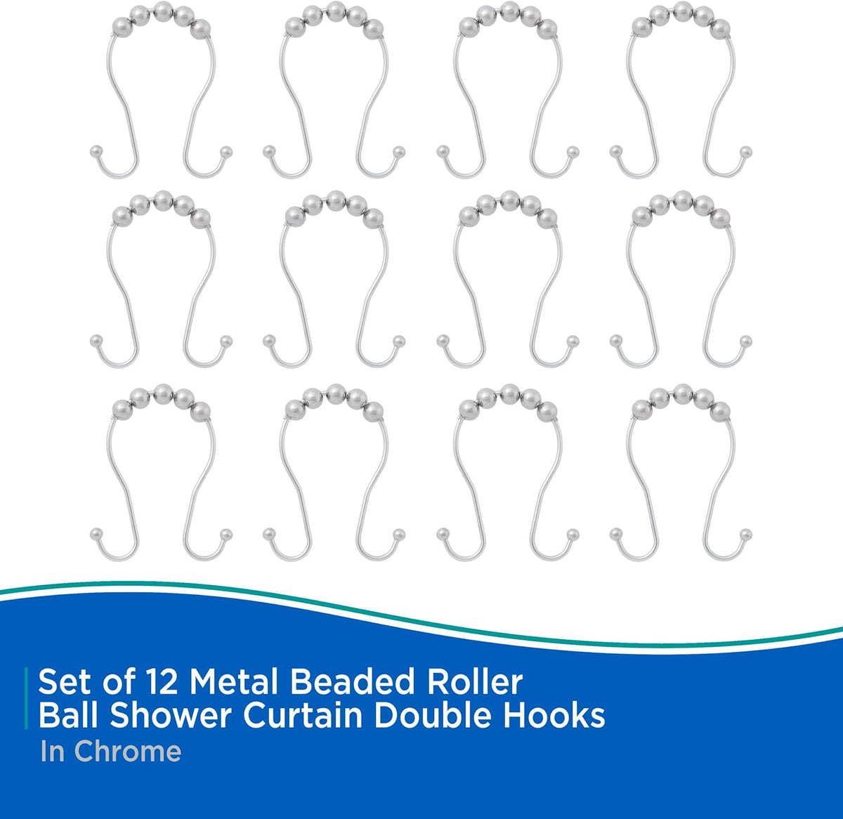 Kenney KN67123 Rust-Resistant Gliding Metal Beaded Shower Curtain Rings with Double Hanging Hooks for Shower Curtain and Standard Shower Curtain Rod, Bathroom Use, Easy to Install, 12-Pack, Chrome