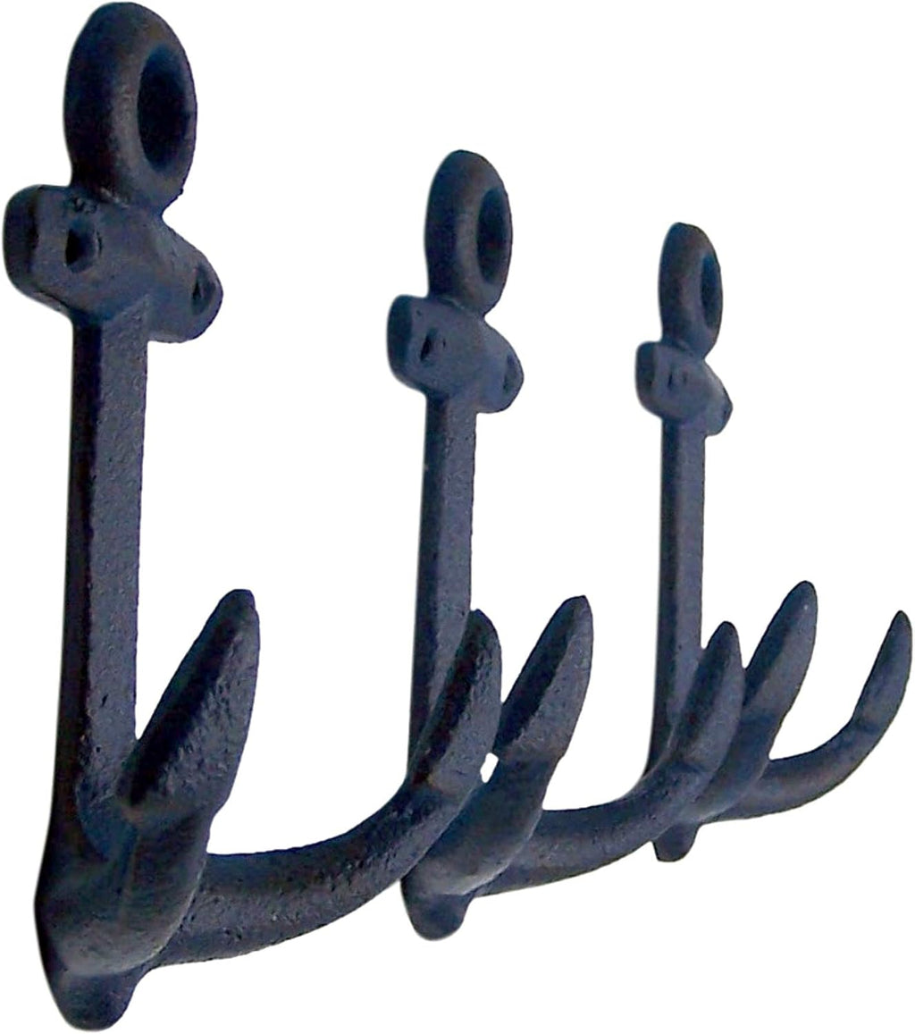 Wowser Nautical Cast Iron Ship Anchor Wall Hooks, 6 Inches, Set of 3 (Blue)