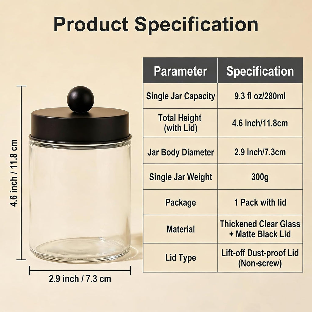 Happyupcity 280ml/9.3oz Glass Apothecary Jar with Black Metal Lid