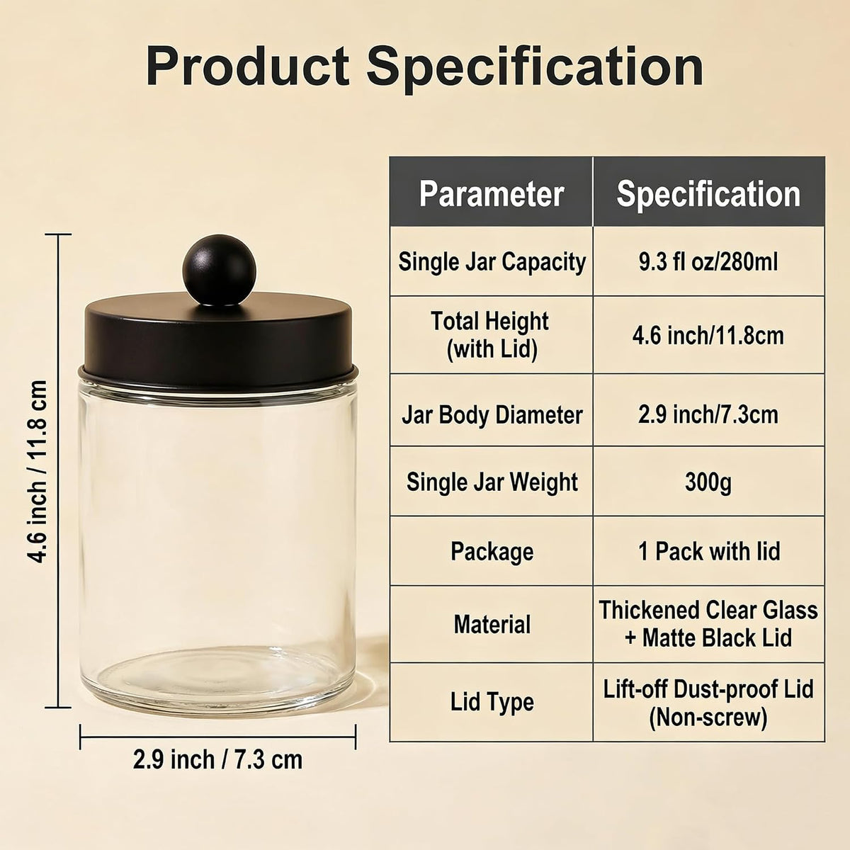 Happyupcity 280ml/9.3oz Glass Apothecary Jar with Black Metal Lid