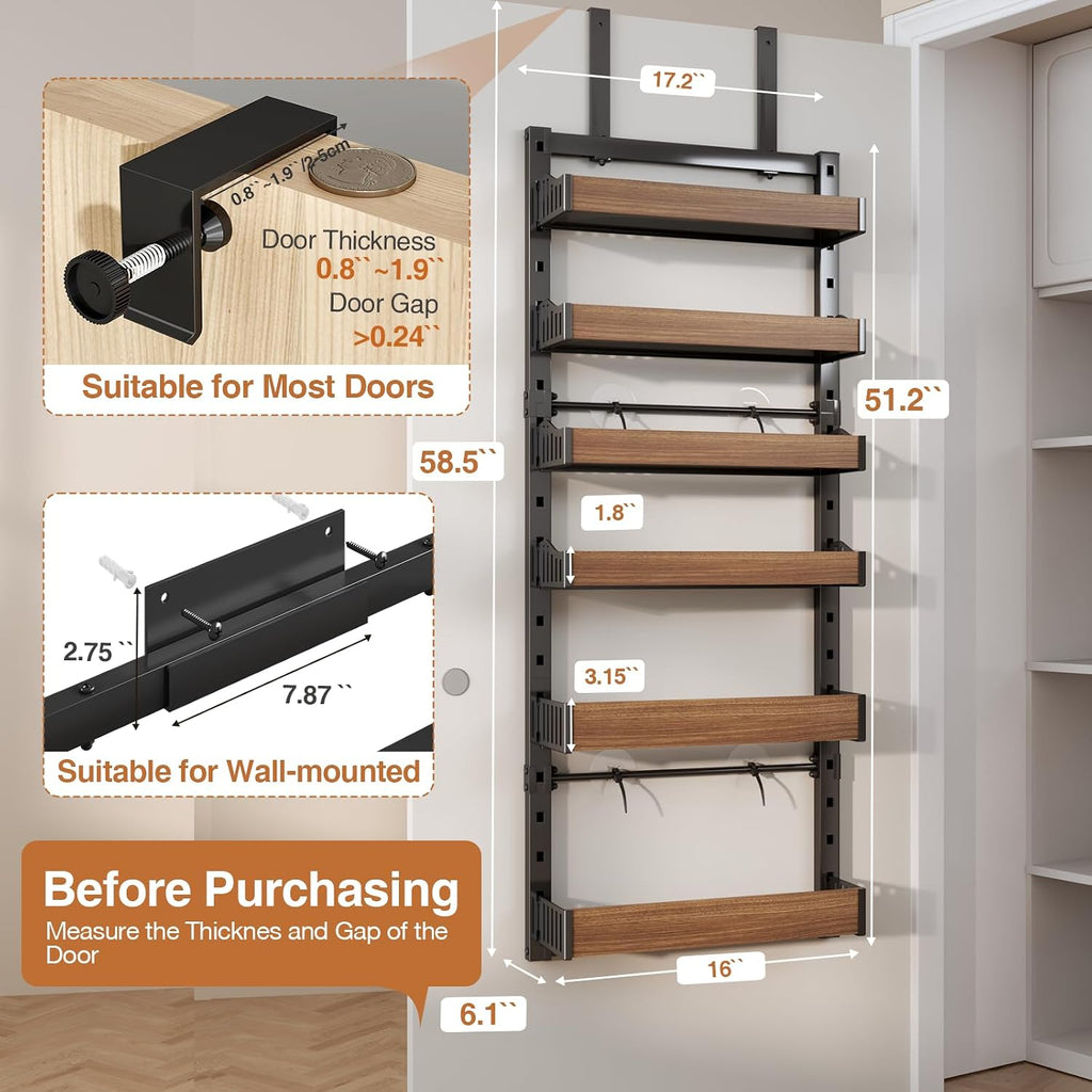 6-Tier Over The Door Pantry Organizer, Heavy-Duty Metal Wall Mount or Hanging Spice Rack, behind the door storage Shelves with Adjustable Basket, Back of Door Organizer for Kitchen Cabinet and Closet