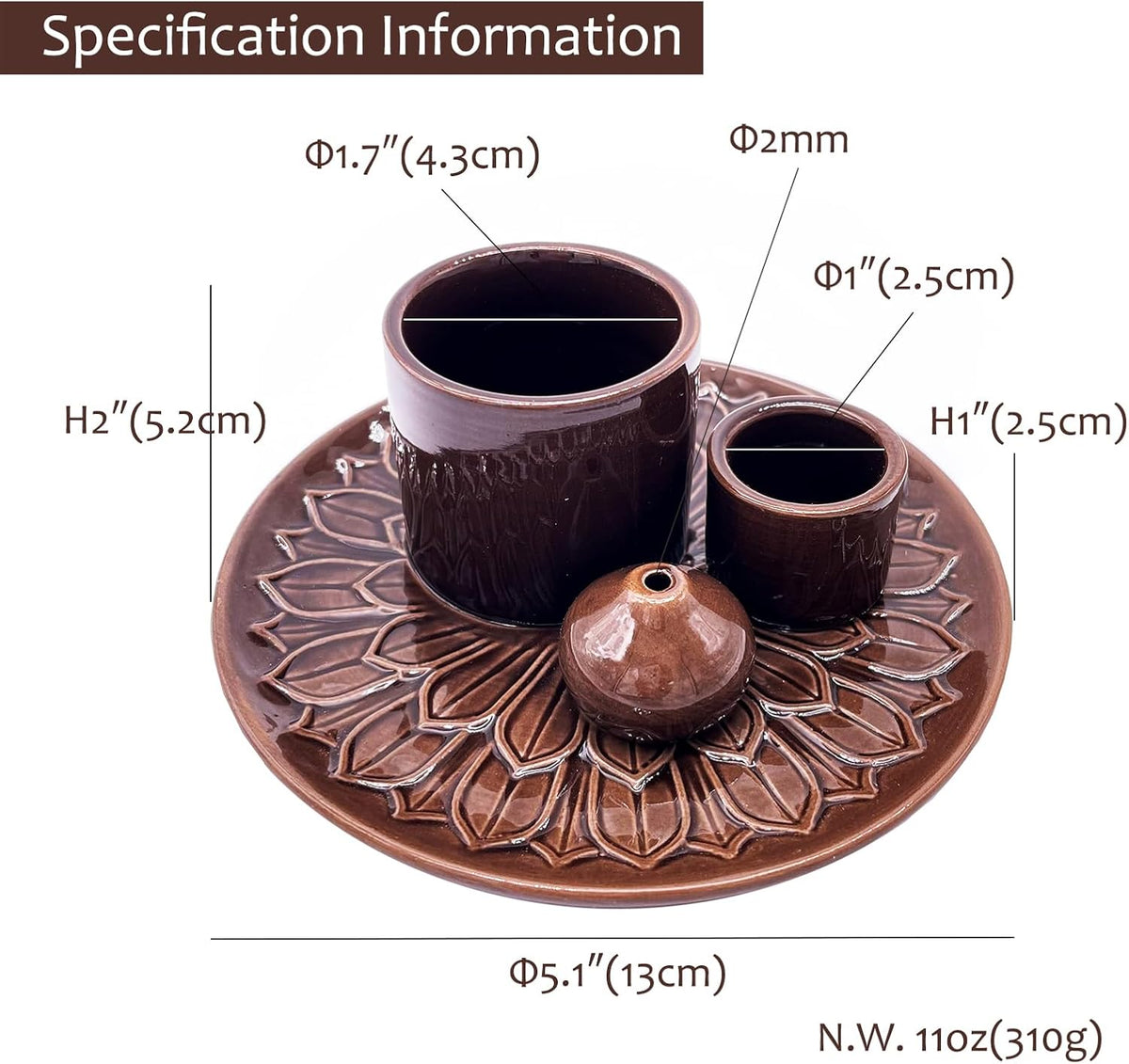 4 in 1 Multifunctional Ceramic Incense and Candle Holder with Ash Catcher Tray Suit for Burning White Sage, Palo Santo Sticks (Dark Brown)