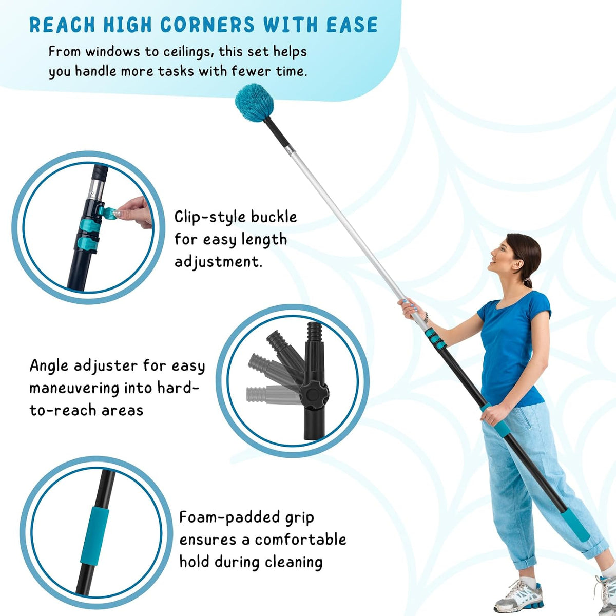 Cobweb Duster with 5-12 Ft Extension Pole, Spider Web Cleaning Brush