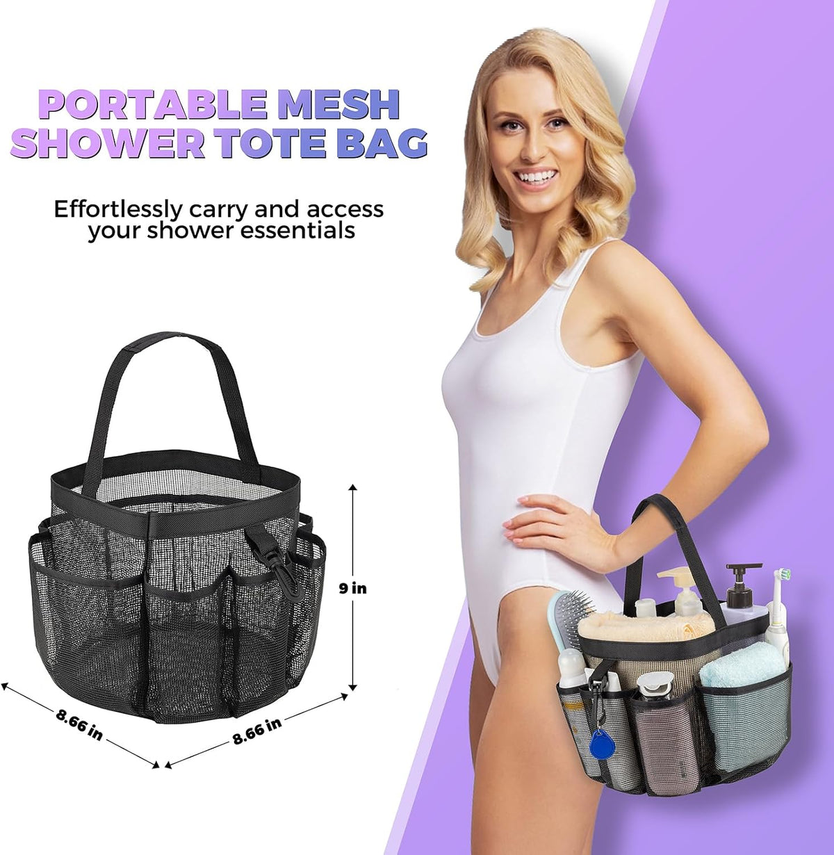 Mesh Shower Caddy Portable for College Dorm Room Essentials with 8-Pocket Large Capacity,Quick Dry Shower Bag for Bathroom, Beach,Gym