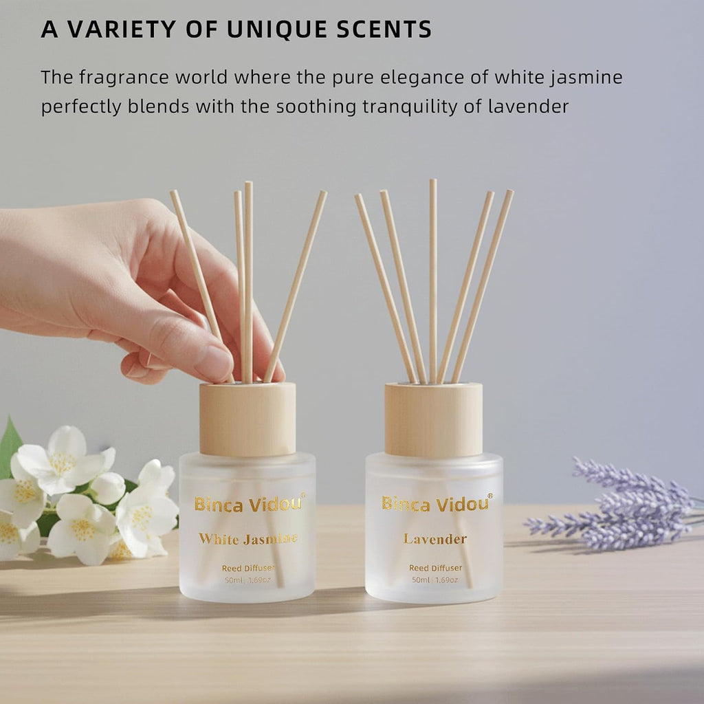 Reed Diffuser Set, Binca Vidou Lavender & White Jasmine Natural Scent Oil Diffusers with Sticks for Home Office Bathroom Aromatherapy Decor 1.69oz x 2