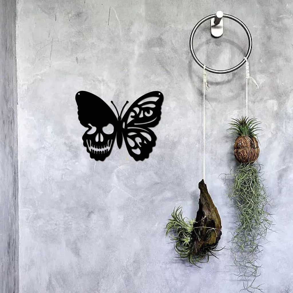 CREATCABIN Skull Butterfly Metal Wall Art Decor Wall Hanging Plaques Ornament Iron Wall Art Sculpture Sign for Indoor Outdoor Home Livingroom Kitchen Garden Office Decoration Gift Black 9.4 x 11.8inch