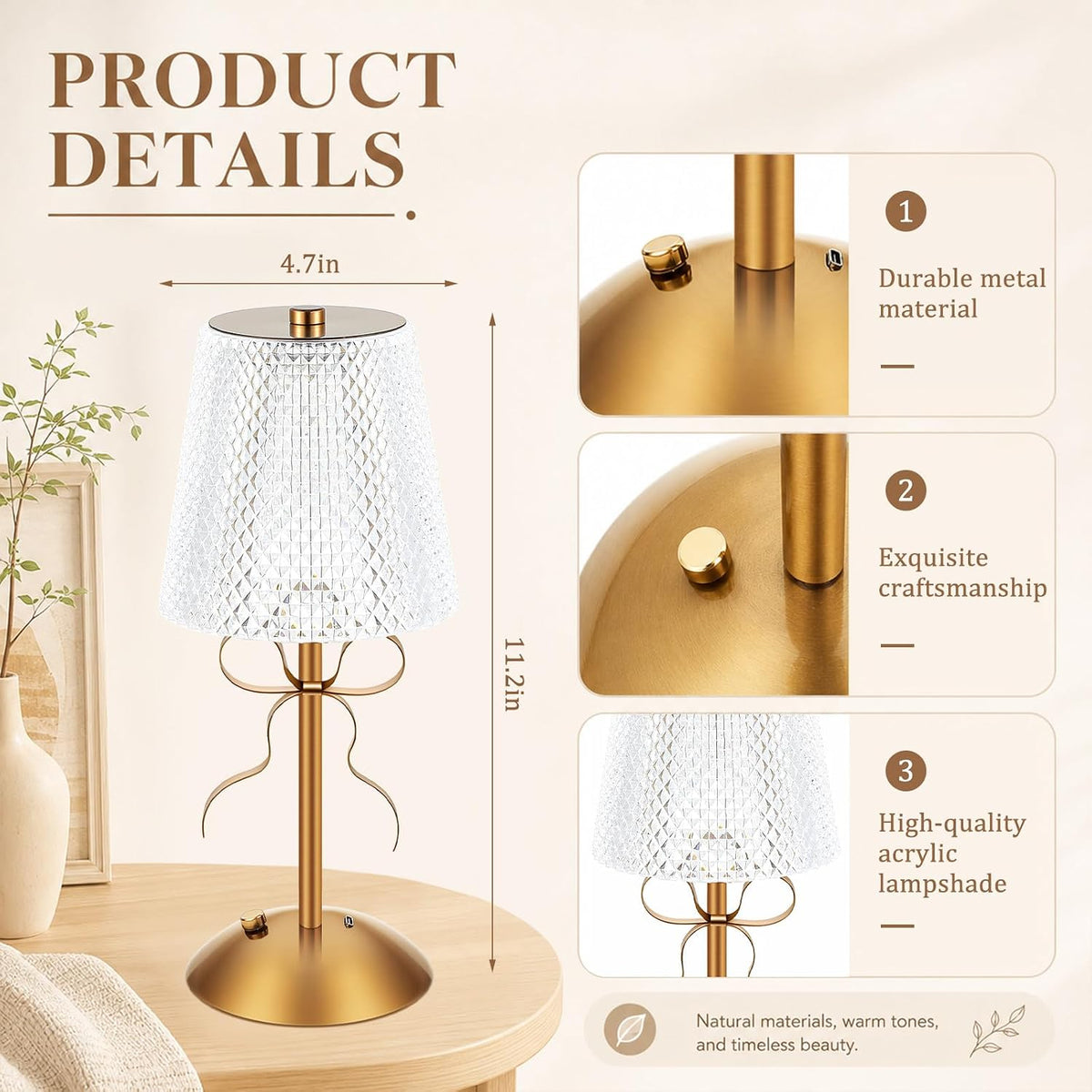 Liliful 2 Pcs Cordless Table Lamp LED Touch, Gold, Crystal Cut Style Bow