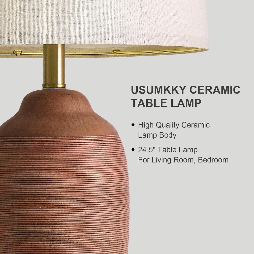 24.5" Single Rustic Terracotta Brown Handcrafted Ceramic Table Lamp 5FT Cord,Farmhouse Vintage Lamp with Linen Drum Shade, Bedside Lamp for Nightstands Bedroom Living Room Entryway,Bulb Not Included