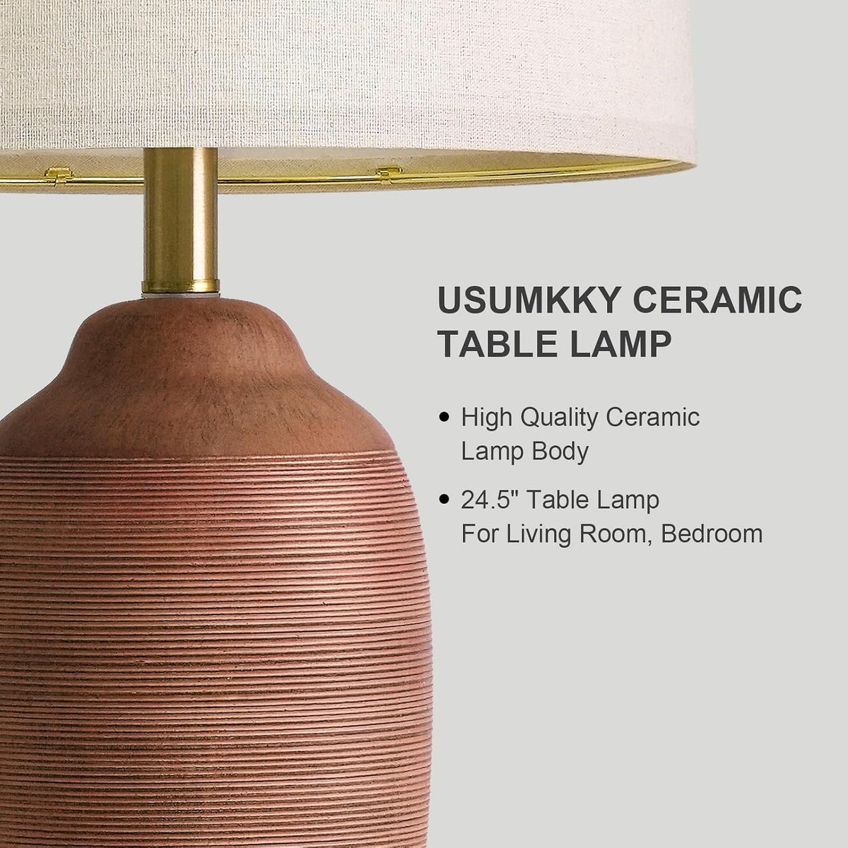 24.5" Single Rustic Terracotta Brown Handcrafted Ceramic Table Lamp 5FT Cord,Farmhouse Vintage Lamp with Linen Drum Shade, Bedside Lamp for Nightstands Bedroom Living Room Entryway,Bulb Not Included