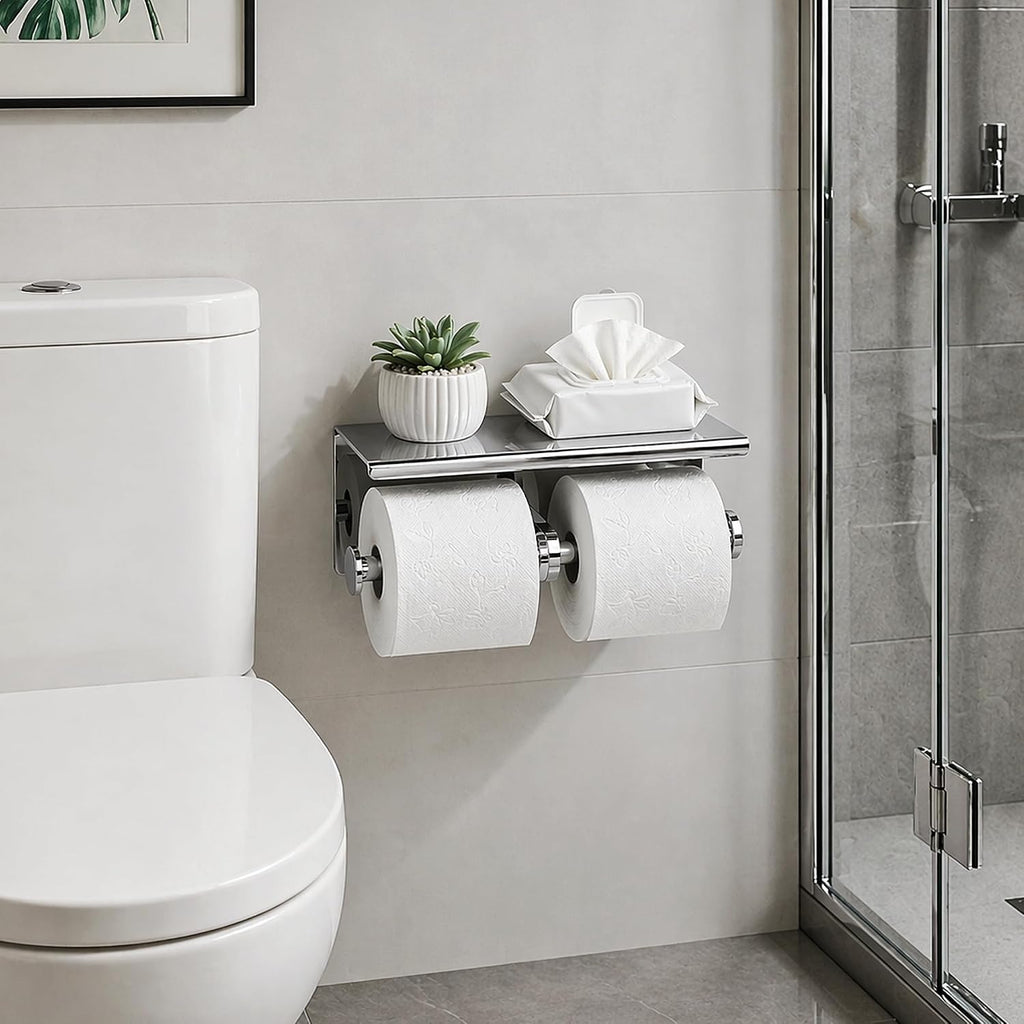 Double Toilet Paper Holder Tissue Roll Rack with Phone Storage Shelf