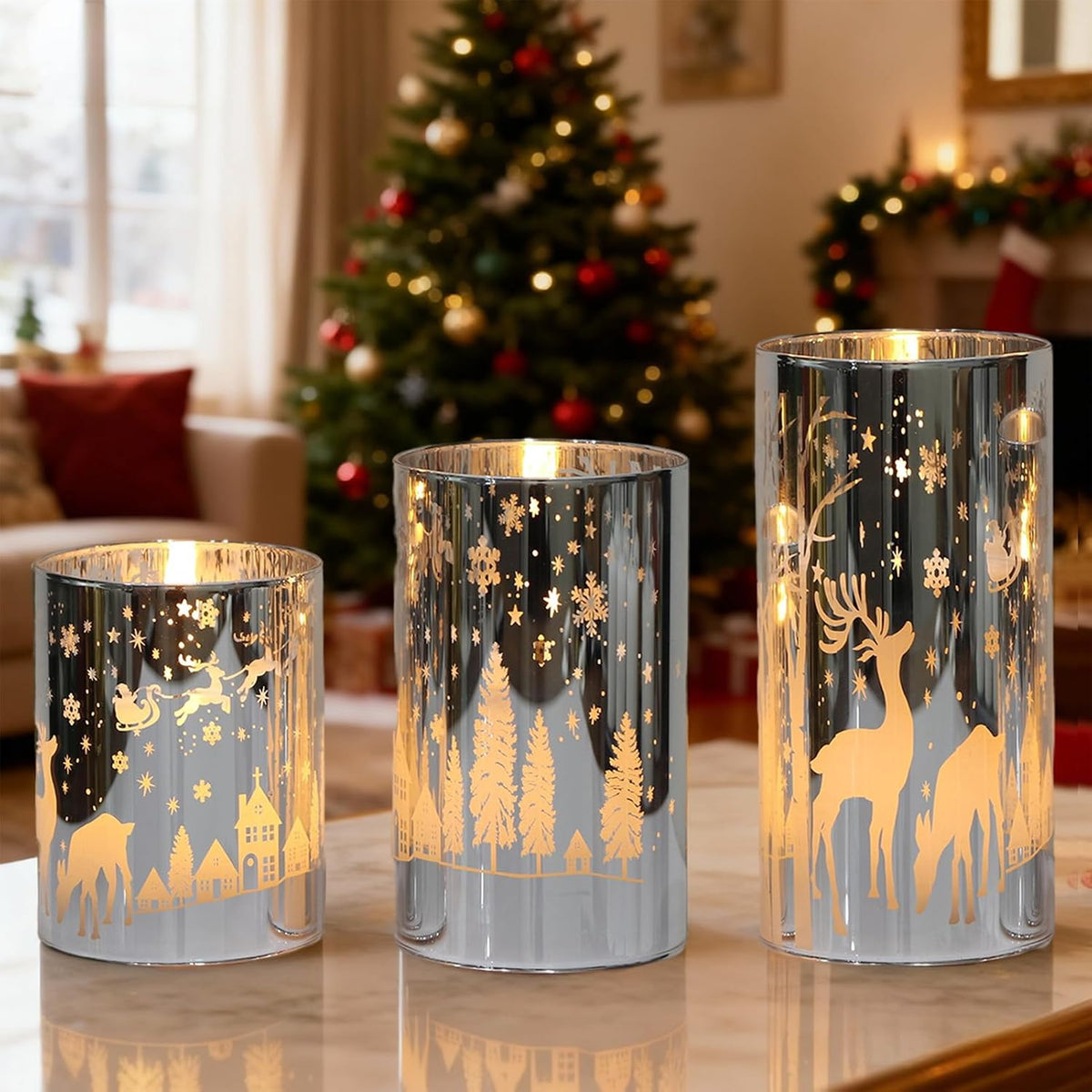 Silver Christmas Flameless Candles Battery Operated Remote Timer