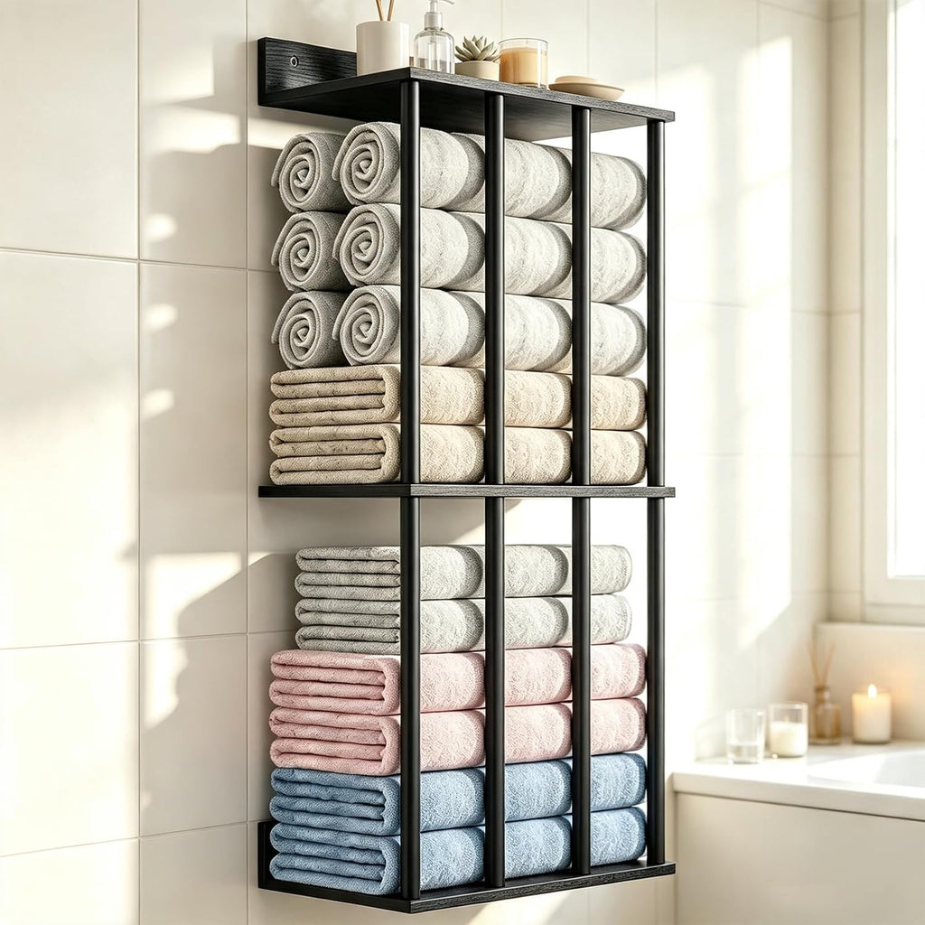Wall Mounted Towel Rack, Wood & Metal Towel Holder for Bathroom Wall