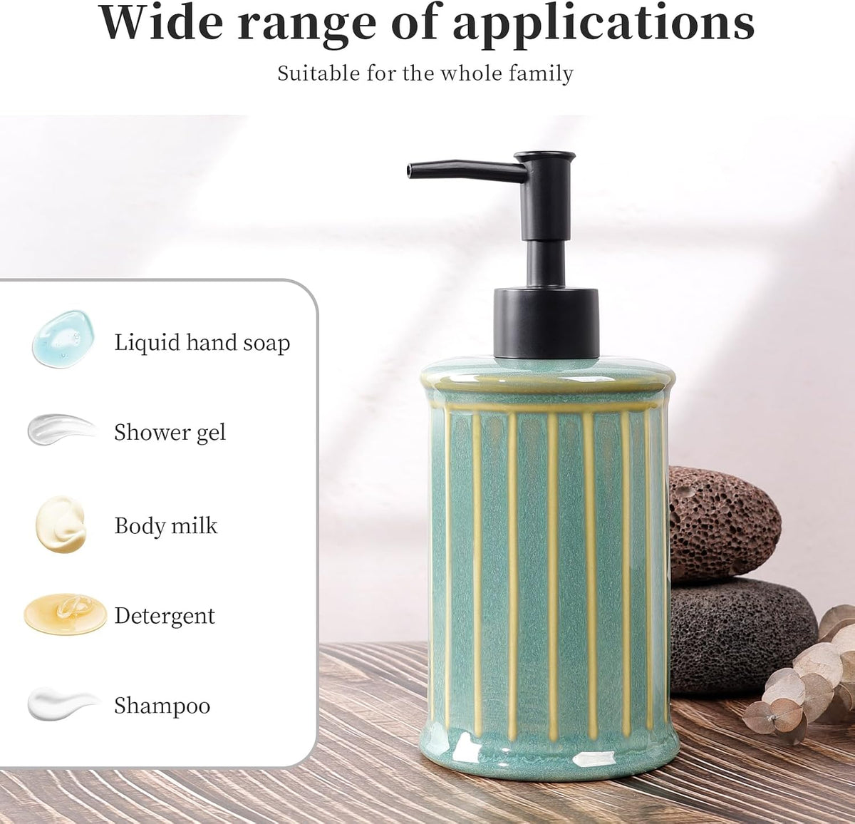 Soap Dispenser, Ceramic Liquid Hand Dish Soap Dispenser 11.84OZ, Hand Lotion Dispenser for Kitchen Bathroom Shower, Refillable, Dark Green, ANTIS'S HOME