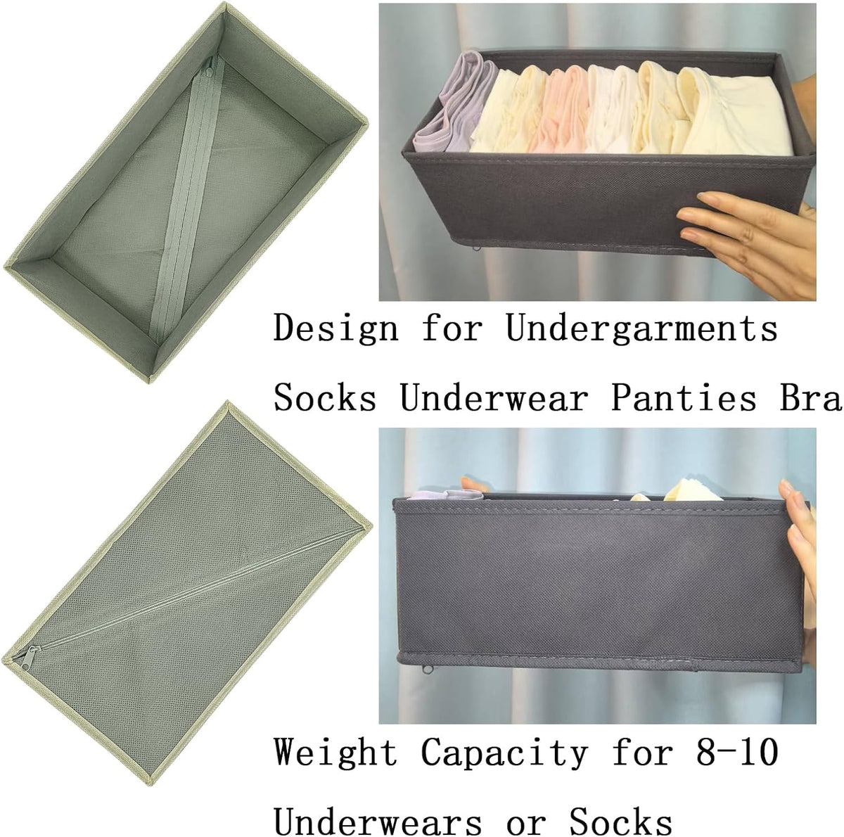 Bructhun Sock Drawer Organizer 6 Pack - Collapsible Fabric Storage Bins for Underwear Divider, Small Closet Organizers with 6 Compartments, Light Gray