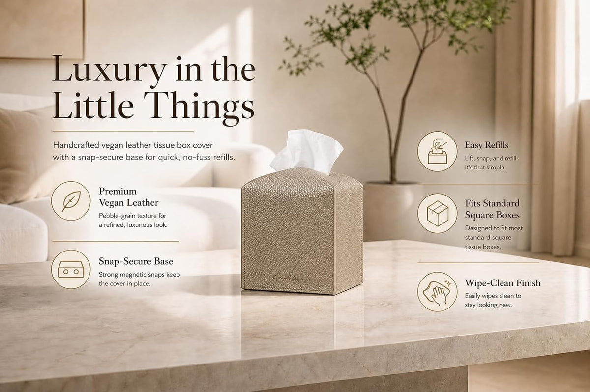 Premium PU Leather Tissue Box Holder - Elegant Hotel-Style Tissue Box Cover for Home, Office & Car Décor, Tissues Cube Organizer for a Natural & Classic Look (Gold 2 Pack)