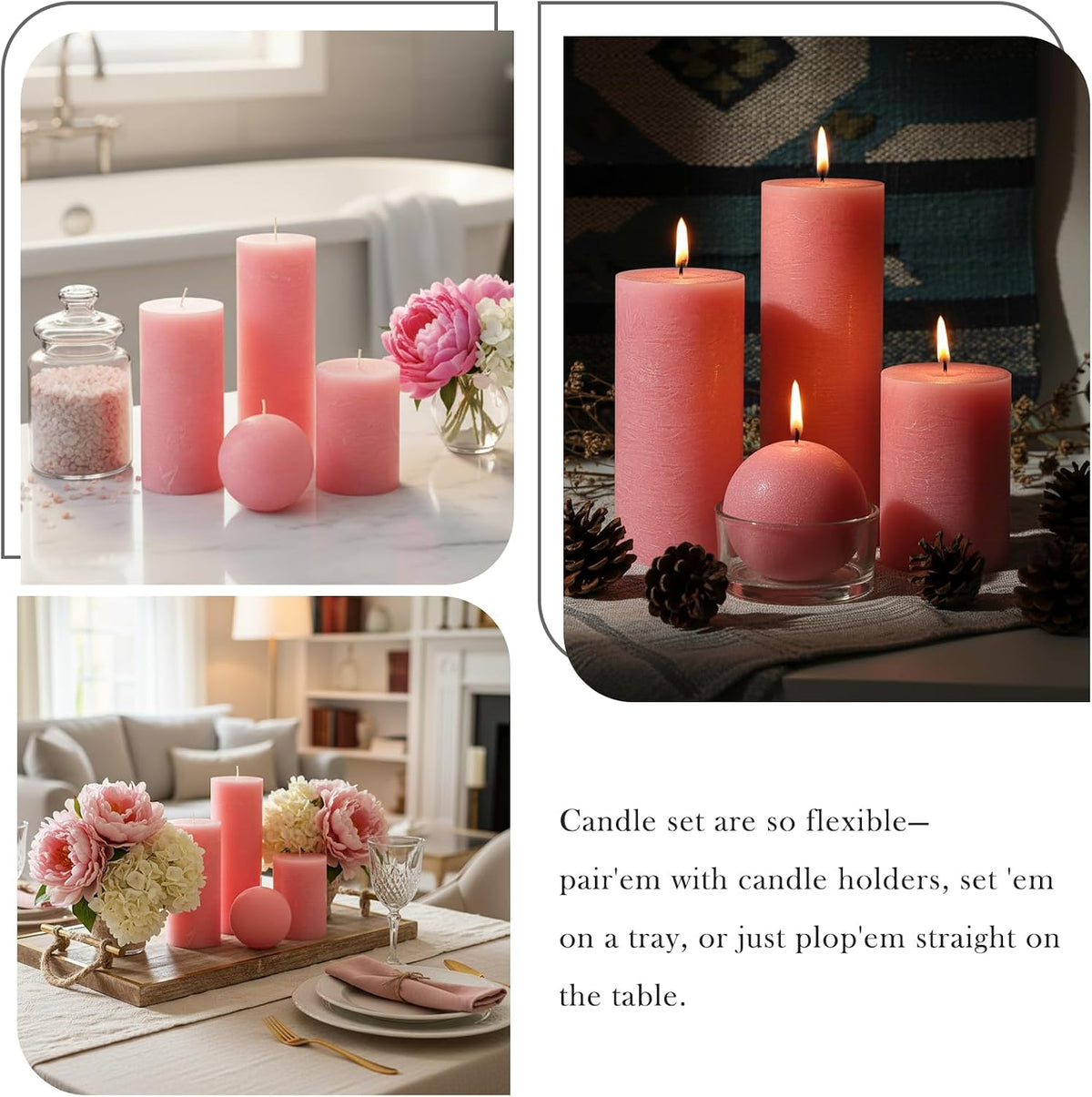 Pink Textured Pillar Candles Set - 4 Pcs Assorted Sizes Rustic Unscented Pillar Candle, Decorative Farmhouse Candles for Home Centerpiece Decor, Holiday Dinner Table, Dripless & Smokeless