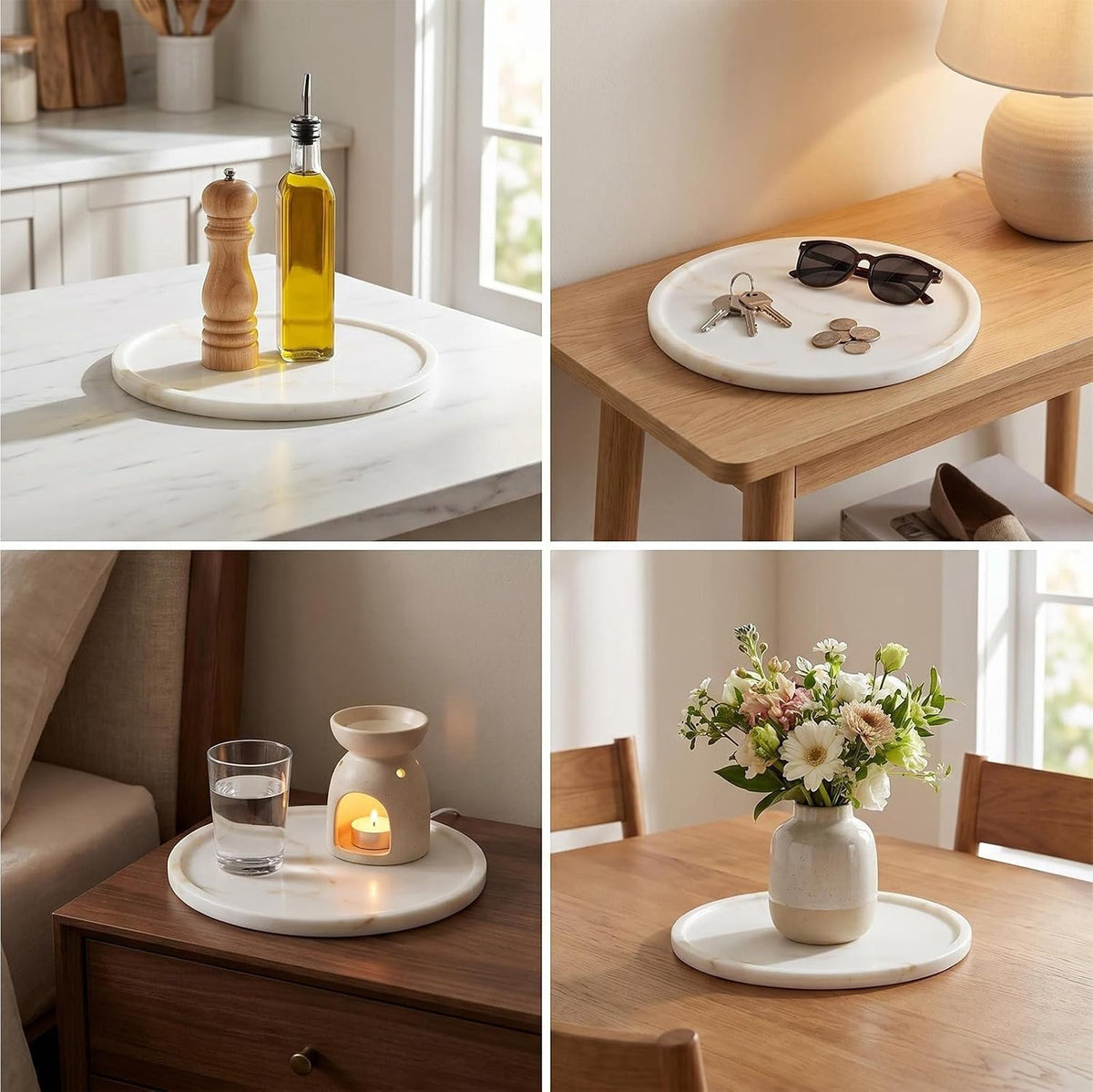Karibiber Marble Serving Tray, 11.8in Round Vanity Tray for Bathroom Countertop, Calacatta White Candle Holder for Coffee Table/Kitchen, Stone Home Decorative Catchall Tray for Perfume