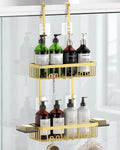 Over the Door Shower Caddy Hanging With Double Soap Holder Never Rust Aluminum Shower Shelf With 4 Hooks Hanging Bathroom Organizer No Drilling Shelves for Bathroom Storage Gold
