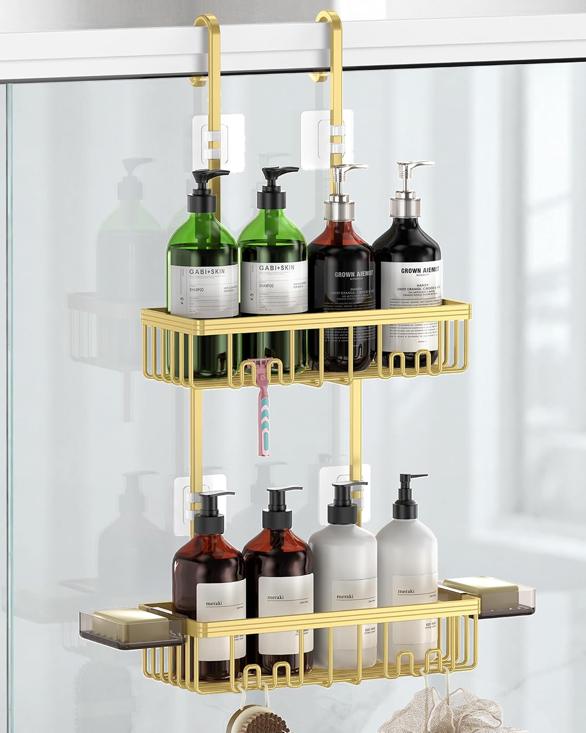 Over the Door Shower Caddy Hanging With Double Soap Holder Never Rust Aluminum Shower Shelf With 4 Hooks Hanging Bathroom Organizer No Drilling Shelves for Bathroom Storage Gold