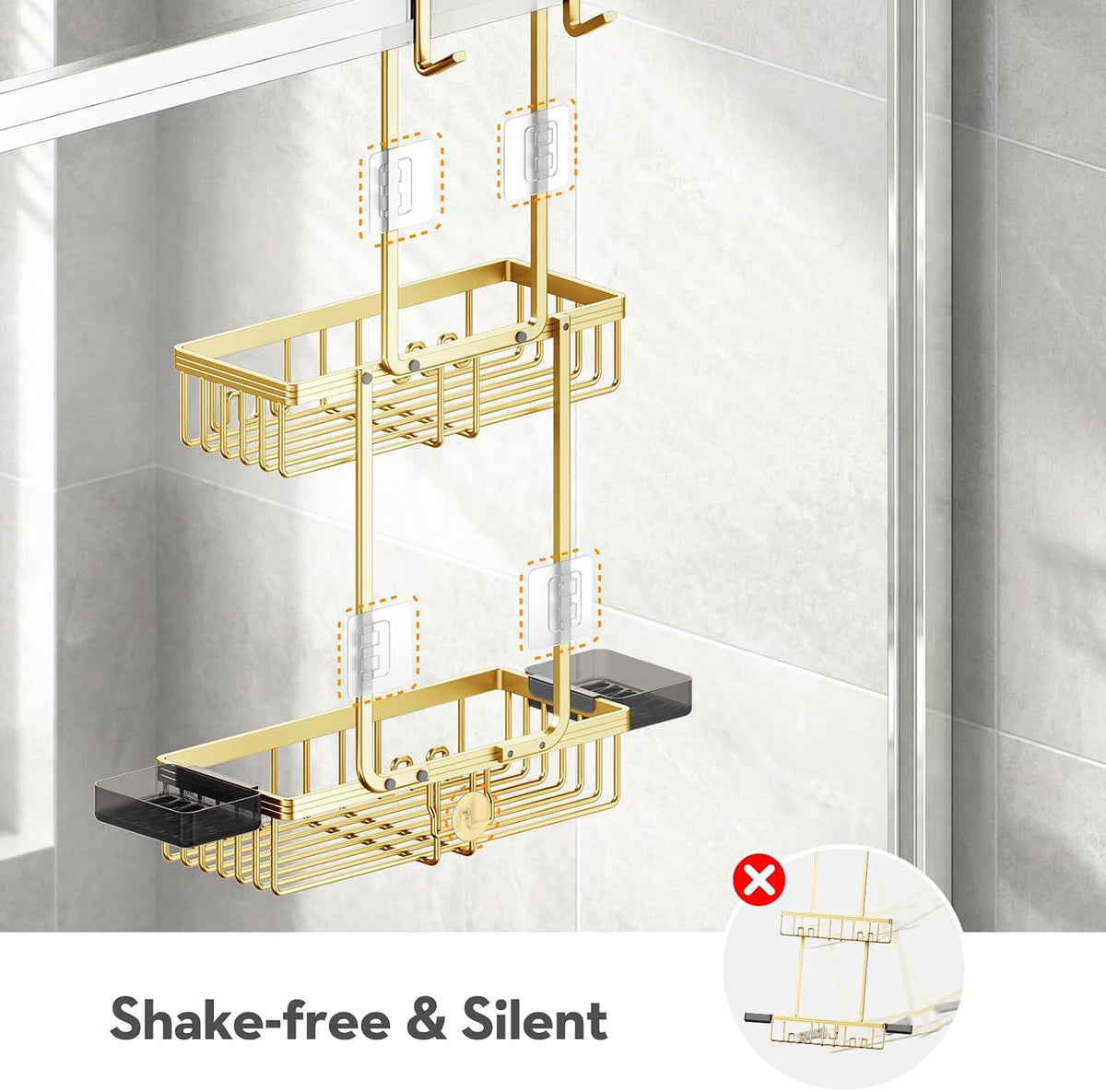 Over the Door Shower Caddy Hanging With Double Soap Holder Never Rust Aluminum Shower Shelf With 4 Hooks Hanging Bathroom Organizer No Drilling Shelves for Bathroom Storage Gold