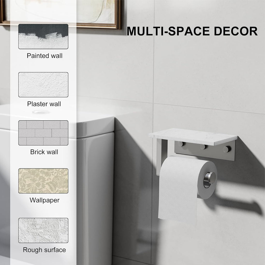 Brushed Nickel Toilet Paper Holder with Marble Shelf Tissue Roll Holder